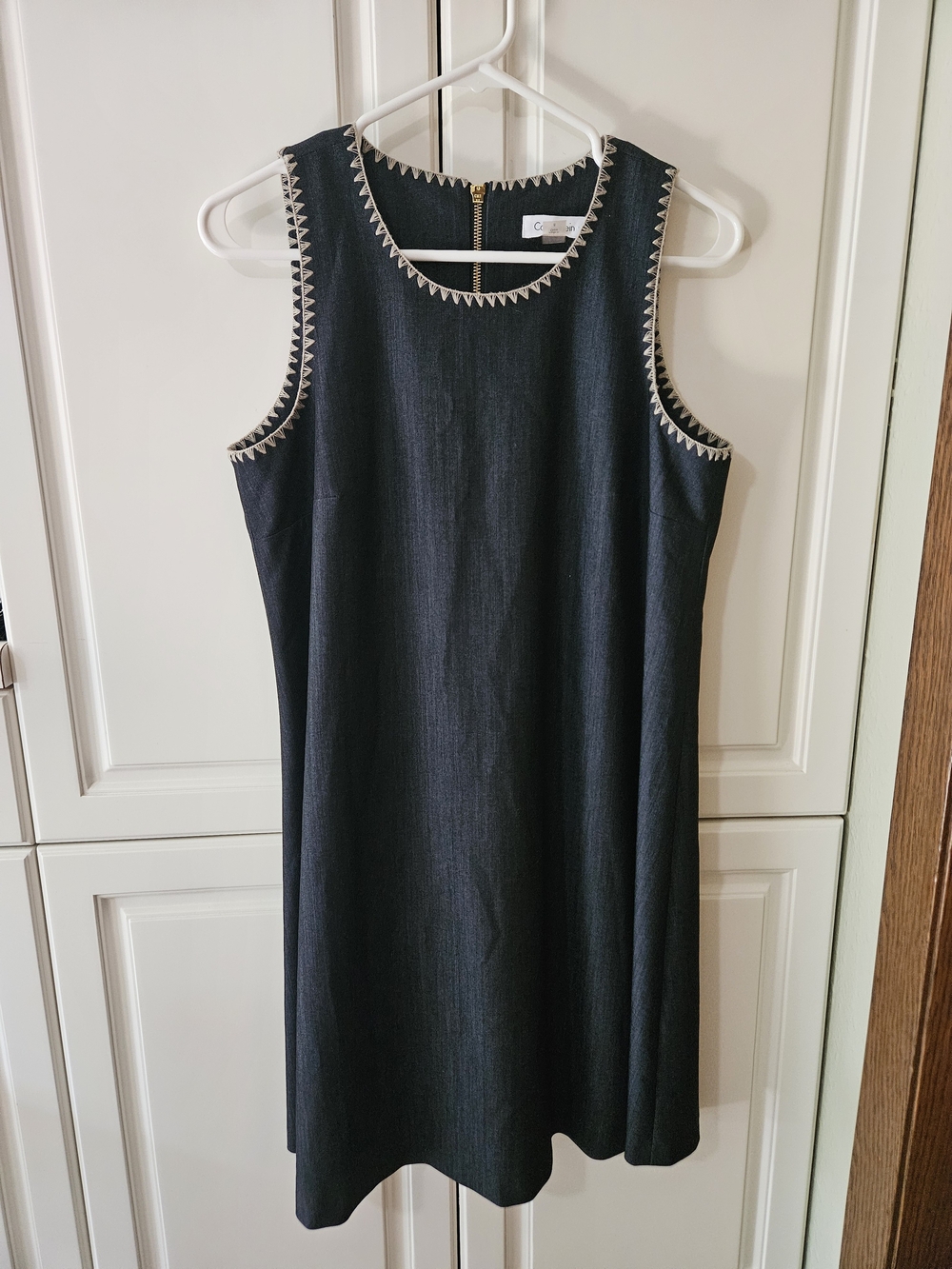 Calvin Klein Charcoal Sleeveless Knee Length Shift Dress Crochet Trim Minimalist